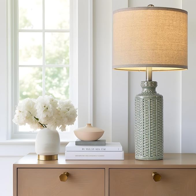 24.75'' Farmhouse Light-Green Ceramic Single Table Lamp for Bedroom Living Room Vintage Traditional Rustic Modern Nightstand Bedside Lamps