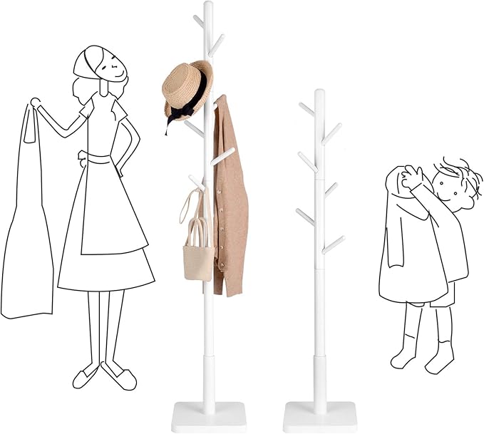 VASAGLE Solid Wood Coat Rack, Free Standing Hall Coat Tree with 8 Hooks, 3 Height Options, for Coats, Hats, Bags, Purses, for Entryway, Hallway, Rubberwood Hooks and Pole, Cloud White URCR010W02