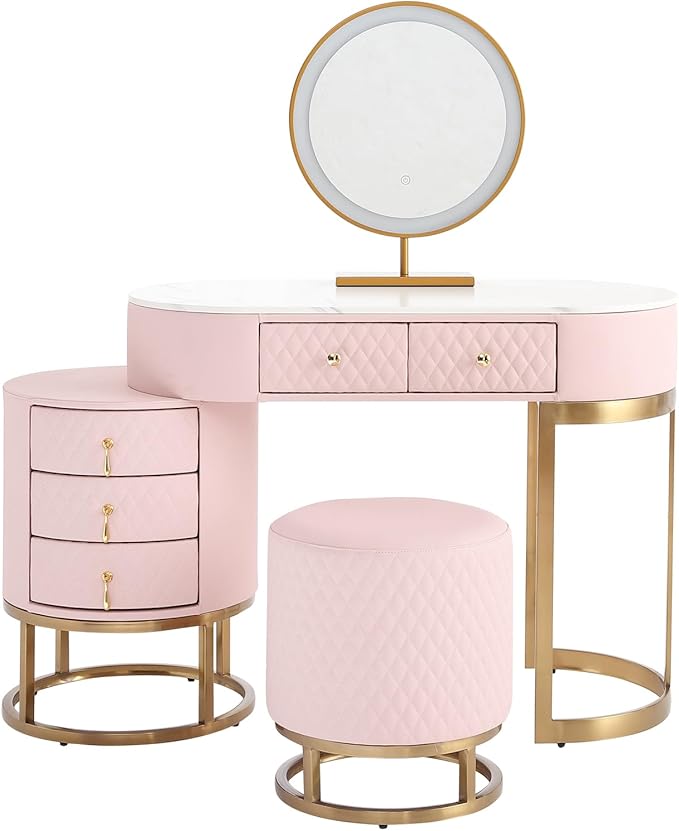 Faux Leather Makeup Vanity Desk Set with LED Lighted Mirror Luxury Dressing Makeup Table with Storage Drawers & Vanity Stool, Pink