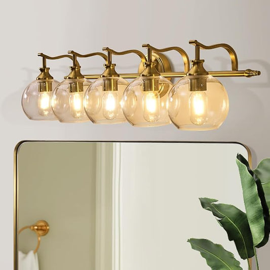 ANDY STAR Brushed Gold Bathroom Light Fixtures, 5-Light Vanity Lights for Mirror, 35 Inch Modern Wall Sconces Lighting with Globe Clear Shade Up or Down Wall Mounted for Bedroom, Living Room, Hallway