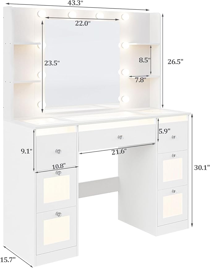 Makeup Vanity with Lights 3 Colors, Glass Top Vanity Desk with 7 Lighted Drawers, 4 Shelves, Power Outlet, Makeup Desk with Mirror for Bedroom, Dressing Table with Mirror for Women, Light White