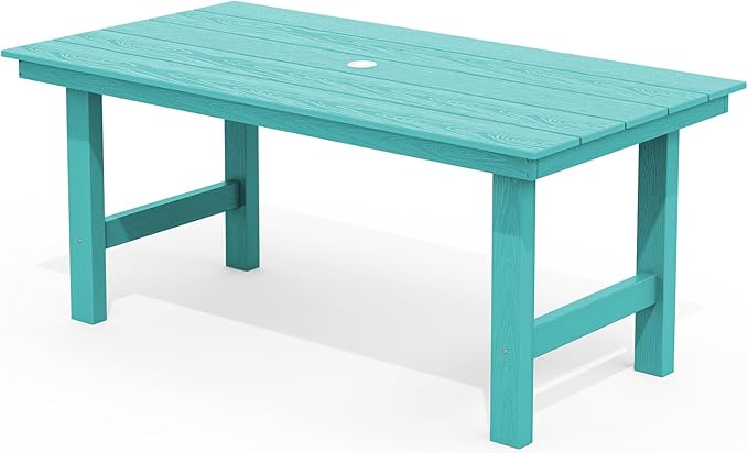 SERWALL 6-Person Outdoor Dining Table - 67" Rectangle HDPE Patio Table with Center Umbrella Hole, Weatherproof, Aruba