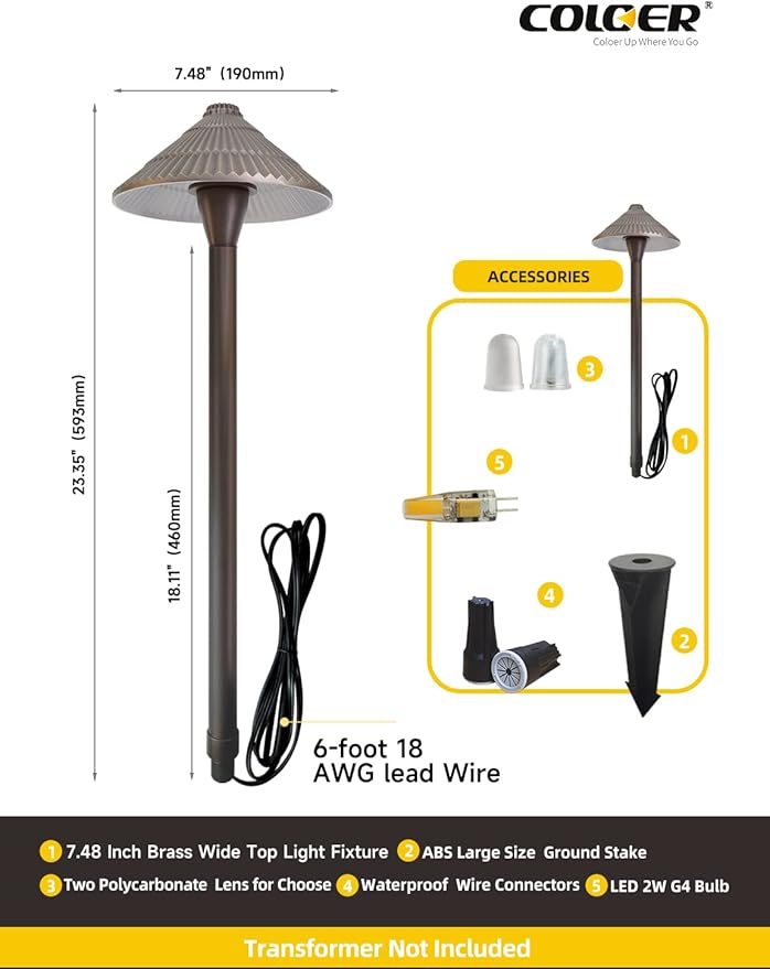 COLOER 4-Pack 12V Brass Outdoor Low Voltage Pathway Lights for Outside(Bronze,23" Tall, 7.5" Shade) with 2W 2700K G4 LED Bulb(604B)