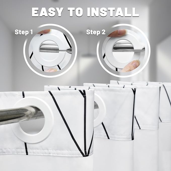 No Hook Geometric Striped Shower Curtain with Snap in Liner Set - Hotel Shower Curtain and Liner Set with See Through Mesh Top Window,Machine Washable, 71x74 INCH - Black White Chevron