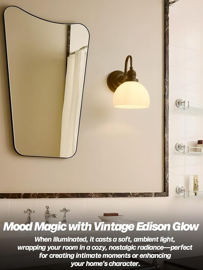 Vintage Wall Sconce Light, Black Bathroom Vanity Light with Striped Bowl Milk Glass Farmhouse Hardwire Wall Mounted Lamp for Bathroom Mirror Living Room Bedroom Kitchen E26 Indoor