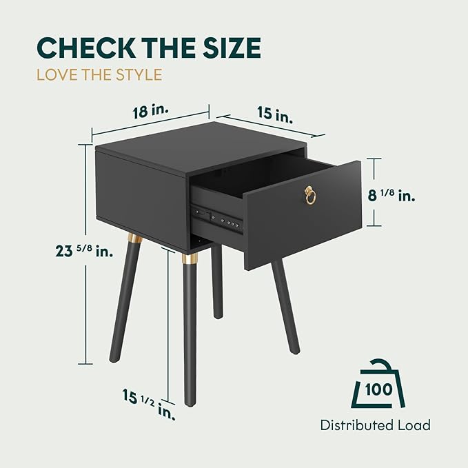 Bme Alden Wood Nightstand, Solid Wood End Table, Mid Century Modern Nightstand, Side Table with 1 Drawer, Compact for Bedroom, Living Room & Study Room, Easy Assembly, Black