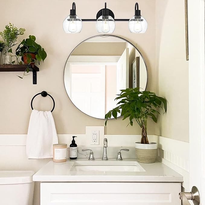 Modern 3-Lights Black Vanity Light Fixtures Farmhouse Metal Bathroom Lighting with Seeded Globe Glass for Hallway Kitchen Over Mirror Bedroom