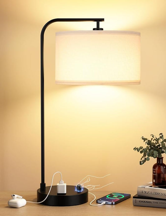 White Side Table Lamp with USB Port and Outlet, Dimmable Nightstand Bedside Lamps with Linen Lampshade, Desk Lamp for Bedroom, Living Room, Guest Room, Home Office, LED Bulb Included