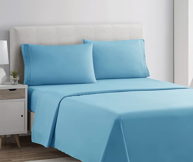 Clara Clark Bed Sheets, Premier 1800 Series 4 Piece Bed Sheet Set, Deep Pocket, Wrinkle, Fade, Stain Resistant, Luxury Soft Bedding Sheets & Pillowcases, King, Beach Blue