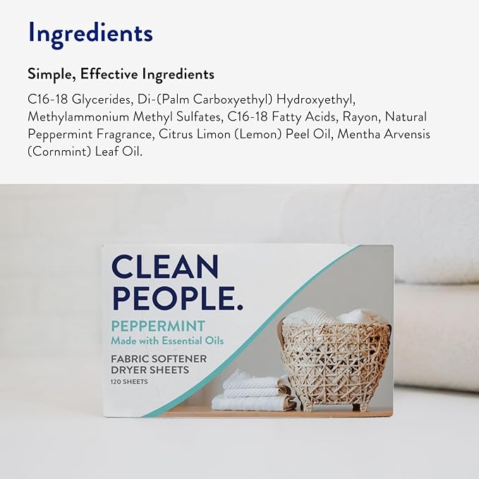 The Clean People Fabric Softener Sheets - Dryer Sheets - Softens & Removes Static - Vegan Laundry Softener With Essential Oils - Peppermint 240 Pack