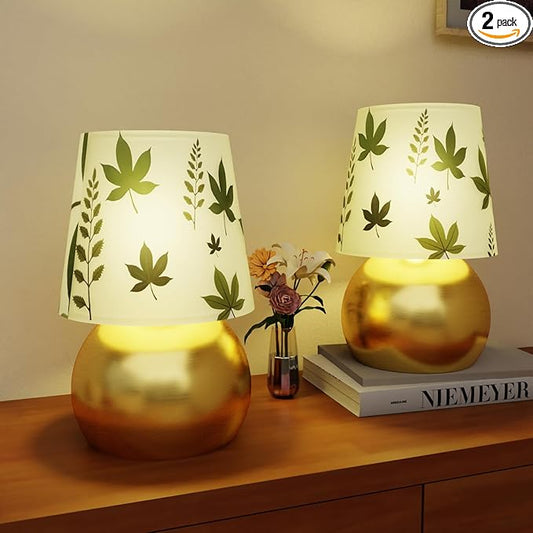 Set of 2 Small Gold Bedside Table Lamp with Maple Leaf Pattern Shade (Bulb Included)