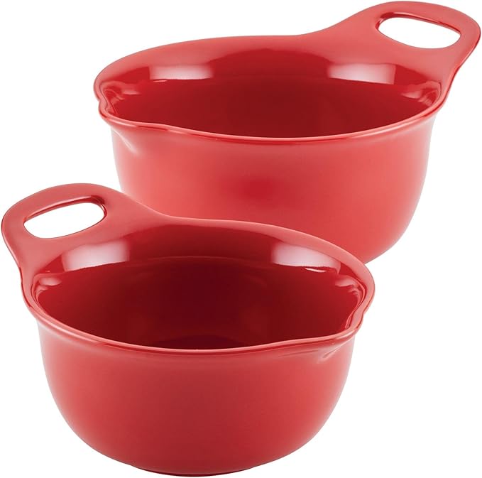 Rachael Ray Ceramics Nesting Mixing Bowl Set with Pour Spout, 1 Quart and 2 Quart, Red