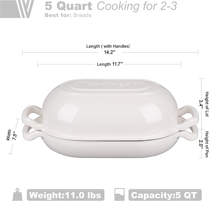 Enameled Cast Iron Sourdough Bread Oven, Dutch Oven, Loaf Cast Iron Bread Pan for Homemade Bread Baking, Meatloaf Pan with Lid, 5QT, White