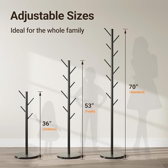ELYKEN Coat Rack Freestanding with Natural Marble Base, Metal Coat Rack Stand with 10 Hooks, 3 Adjustable Size Coat Tree for Bags, Clothes, and Hats for Entryway, Bedroom, Hallway, Office, Black
