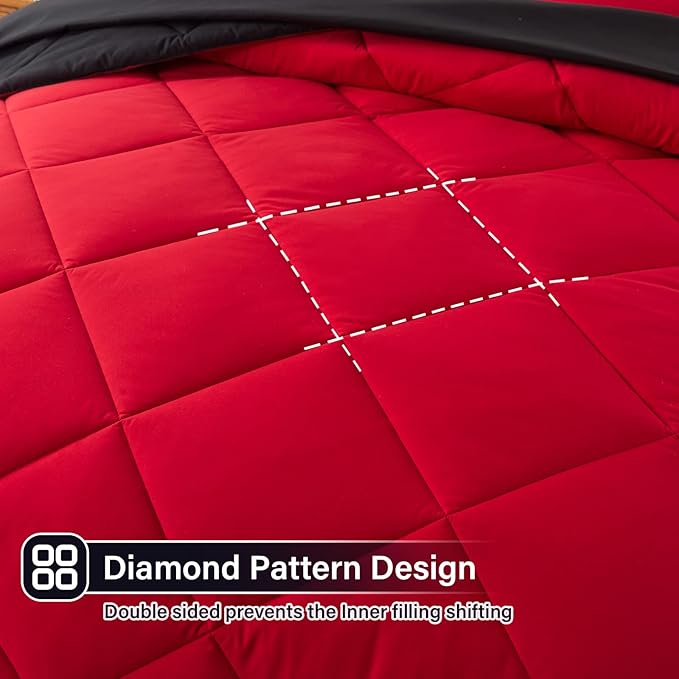 Cosybay Bed in a Bag Queen Reversible Comforter Sets 7pcs All Season Down Alternative Bedding Sets Red and Black with Comforter, Pillow Shams, Flat Sheet, Fitted Sheet and Pillowcase