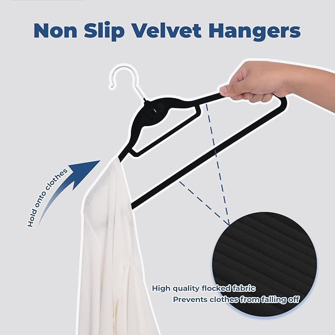 Black Velvet Hangers 50 Pack, Felt Covered Non Slip Fabric with Stackable Cascading Hook, Ultra Thin and Space Saving with 360° Swivel Neck, 15Lbs Capacity for Clothes, Suit, Shirt, Coat