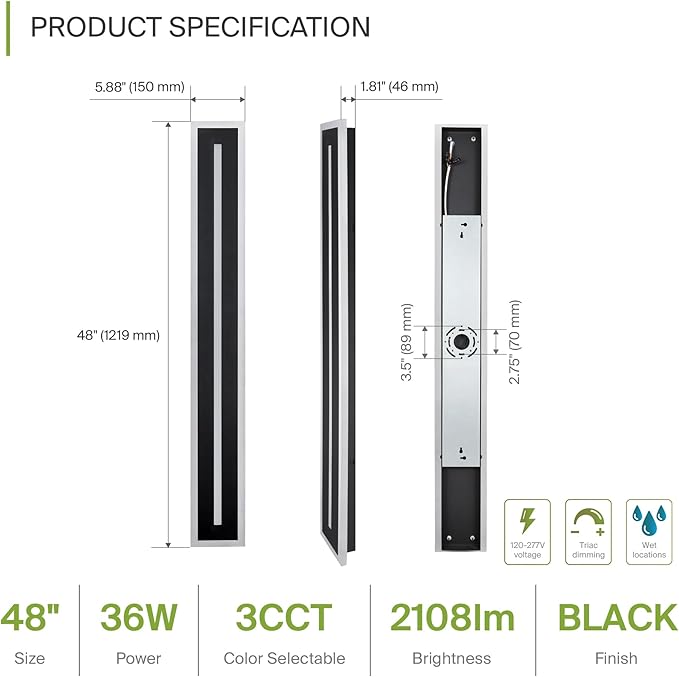 ASD LED 48" Long Wall Mount Light Fixture, Outdoor & Indoor Linear Sconce | 3CCT, Dimmable, Waterproof, Anti-Rust, ETL Listed | 36W 2100LM 3000-5000K 100-277V | Exterior Porch Lighting | Black