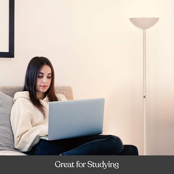 Brightech SkyLite LED Floor lamp, Torchiere Super Bright Floor Lamp for Living Rooms & Offices - 3 Way Dimmable Tall Lamp, High Lumen Standing Pole Lamp for Bedroom Reading - White