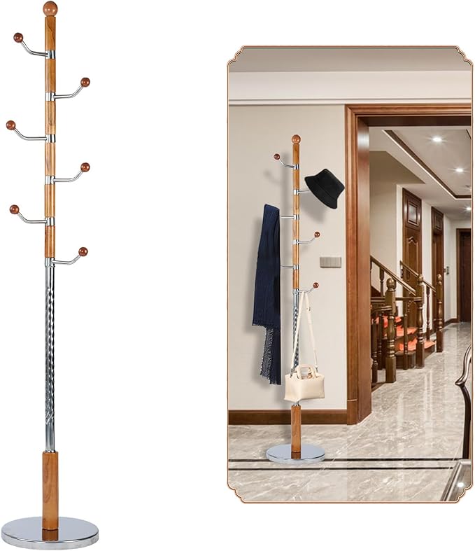 Coat Rack Freestanding, Wooden Tree Coat Rack Stand with 3 Adjustable Sizes Coat Tree and 14 Hooks, Sturdy Hall Tree with Solid Round Base for Entryway, Hallway,Bedroom (Solid Wood Metal Hook)