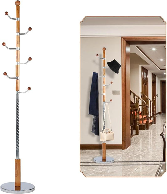 Coat Rack Freestanding, Wooden Tree Coat Rack Stand with 3 Adjustable Sizes Coat Tree and 14 Hooks, Sturdy Hall Tree with Solid Round Base for Entryway, Hallway,Bedroom (Solid Wood Metal Hook)