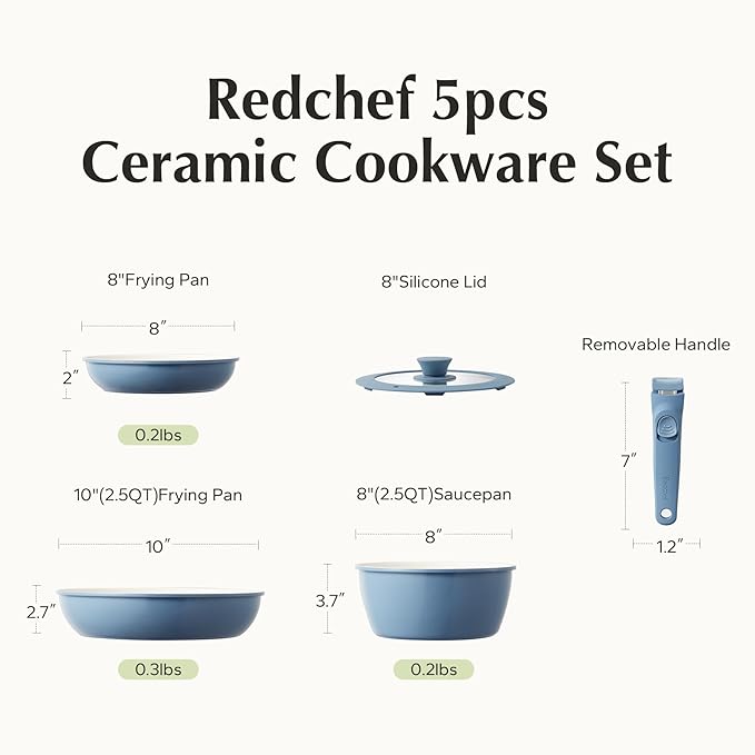 Redchef Ceramic Cookware Set, Removable Handle Pots and Pans Non-Stick, Rv Cookware Set, Non-Toxic Pots and Pans Set No PFAS, PTFE, PFOA, Detachable Pots and Pans, Dishwasher & Oven Safe(Blue)
