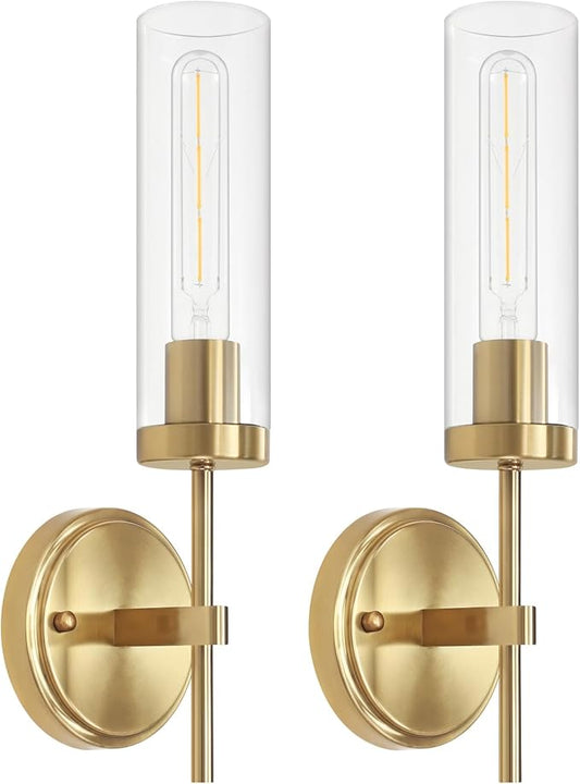 Gold Wall Sconces, Modern Bathroom Vanity Light Fixtures, Sconces Wall Decor Set of 2, Wall Lamps with Clear Glass, Indoor Wall Lights for Bedroom Living Room Hallway