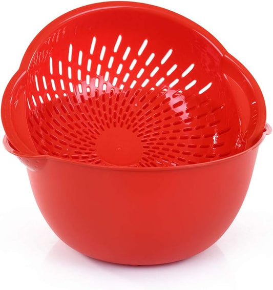 Mintra Home Mixing Bowl w/Colander (Large 4.5L, Red) - For Washing & Draining Fruits And Vegetables - Heavy Duty Plastic for Baking, Cooking Supplies - Dishwasher Safe