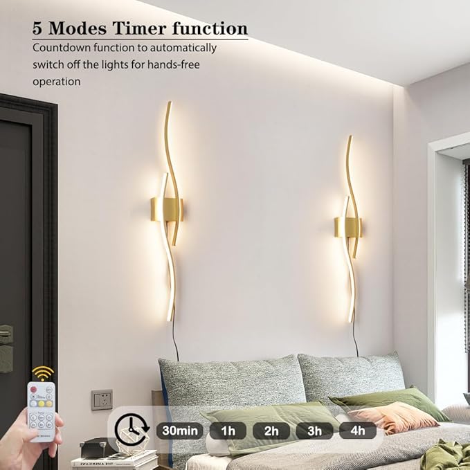 Modern Gold Plug in Wall Sconces Set of Two, RC Dimmable LED Plug in Wall Light, Wall Lamps with Plug in Cord for TV Wall Sconces, Gold Sconce Wall Lighting for Living Room, Hallway, Bedroom