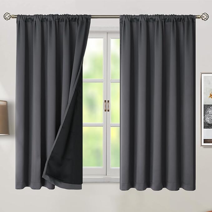 BGment 100% Room Darkening Thermal Insulated Blackout Curtains 54 Inches Long for Bedroom, Rod Pocket and Back Tab Double Layer Noise Cancelling Curtain with Liner (52 x 54 Inch, 2 Panels, Dark Grey)