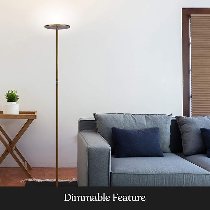 Brightech Sky Flux Dimmable LED Floor Lamp – Super Bright Floor Lamp for Living Room and Offices – Torchiere Standing Lamp with 3 Light Options, Tall Lamp for Bedroom Reading and More - Brass