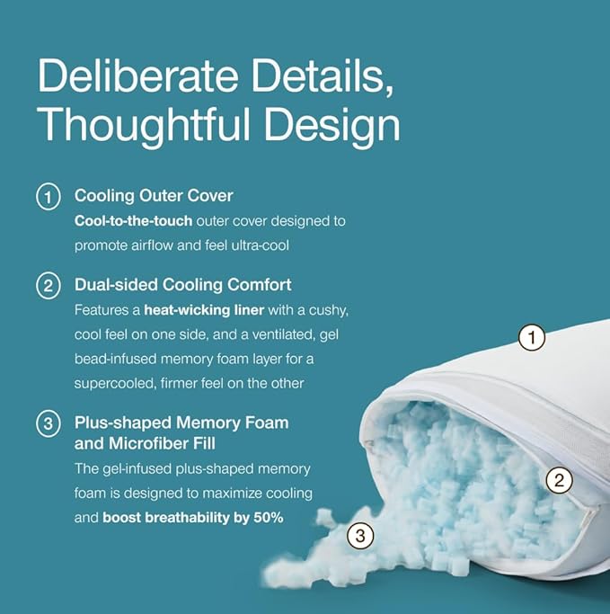 Coop Home Goods Cool+ Crescent Adjustable Pillow, Queen Size Plus Shaped Memory Foam Pillows with Cooling Gel, Neck Support, Back or Side Sleeper Pillow, CertiPUR US/GREENGUARD Gold