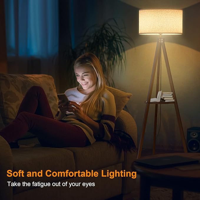 LEPOWER Tripod Floor Lamp, Mid Century Wood Standing Lamp, Modern Design Shelf Floor Lamp for Living Room, Bedroom, Office, Flaxen Linen Shade with E26 Base Brown