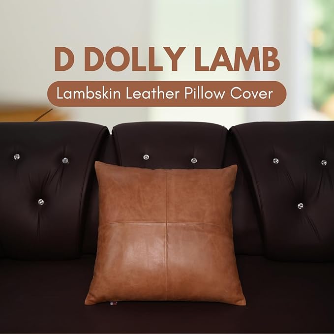 D DOLLY LAMB Lambskin Leather Pillow Cover - Sofa Cushion Case - Decorative Throw Covers for Living Room & Bedroom, 14x14 Inches - Antique Brown Plain