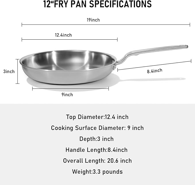 12 Inch Stainless Steel Frying Pan - 5 Ply Stainless Clad Skillet with Aluminum Core, Durable and Even Heating, Professional Cookware for Induction, All Stoves, Oven and Dishwasher Safe