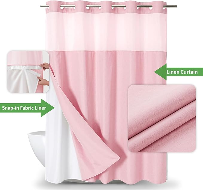Extra Long No Hooks Needed Linen Textured Shower Curtain with Snap-in Fabric Liner Set,White Hotel Luxury Decor Shower Curtains for Bathroom,Waterproof & Washable,71Wx86H,Pink