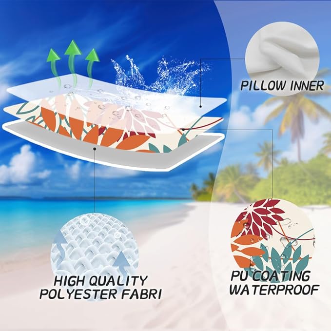 Orange and Red Floral Pillow Covers 16x16 Set of 2 Outdoor Waterproof Decorative Throw Pillows Fall Pillow Covers Polyester Cushion Case Decor for Couch Patio Funiture Garden Porch 01W16