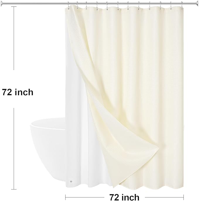 3 in 1 Shower Curtain Set, Cream Waffle Shower Curtain and PEVA Liner Set with 12 Stainless Steel Shower Curtain Hooks, Ivory Waterproof Fabric Shower Curtains for Bathroom, 72 W x 72 H