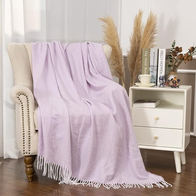 Gealaek Decorative Diamond Lattice Faux Cashmere Throw Blanket Pink Lavender Fringe Lightweight Fuzzy Soft Cozy Throws for Sofa Bed Farmhouse Throw Blanket 50" x 60"