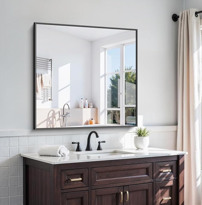 KOCUUY 36x36 Inch Large Black Wall Mounted Mirror,Aluminum Framed Decorative Rectangular Bathroom Mirror for Wall Over Sink,Vanity Mirror for Bedroom Living Room Bathroom,Functional Oversized Mirror