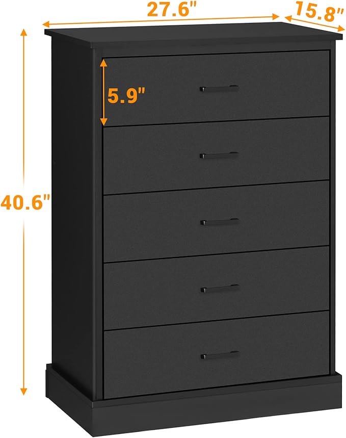 EPHEX Black Tall Dresser with 5 Drawers for Bedroom, Tall Dresser for Closet, Storage Tower Clothes Organizer, Modern Chest of Drawers with Sturdy Pedestal, 27.6'' W x 15.8'' D x 40.2'' H