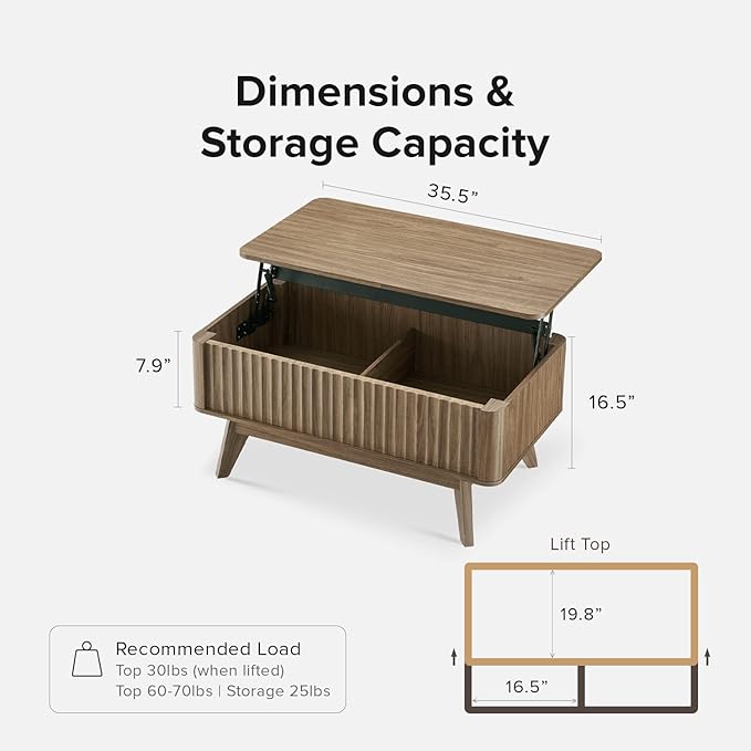 mopio Brooklyn Lift Top Coffee Table for Living Room, Mid Century, Modern Farmhouse with Lifting Tabletop & Hidden Storage, Fluted Panel, Rising Pull Up Dining Table (Walnut)