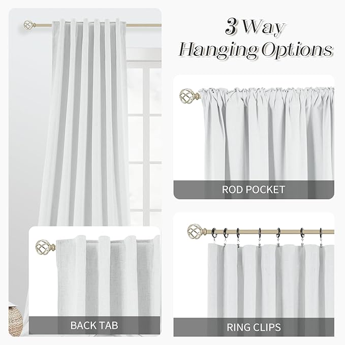 90 Inches Length Long White Linen 100% Blackout Curtians, Back Tab Thermal Insulated Living Room Darkening Curtains 2 Panels Sets for Bedroom Elegant