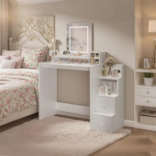 Vanity Desk with Mirror and Lights, Makeup Vanity Desk with Lights 3 Colors, Vanity Table with 2-Tier Shelves, Modern White Dressing Table for Bedroom