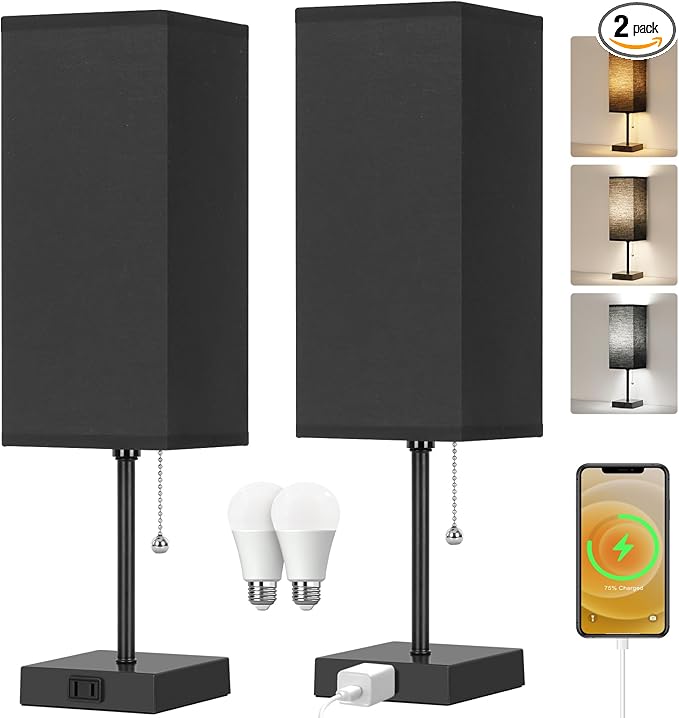 Table Lamp for Bedroom set of 2,3-Color Bedside Lamps with Pull Chain Table Lamps for Nightstand with AC Outlets,18'' Night Light Lamps with 2 Bulbs Lamps for Living Room Kids Office Decor（Black）