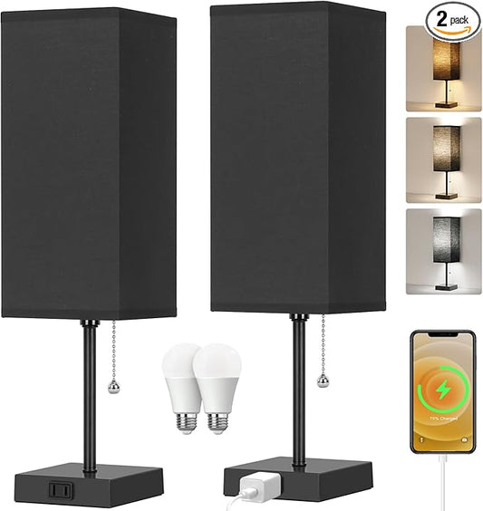 Table Lamp for Bedroom set of 2,3-Color Bedside Lamps with Pull Chain Table Lamps for Nightstand with AC Outlets,18'' Night Light Lamps with 2 Bulbs Lamps for Living Room Kids Office Decor（Black）