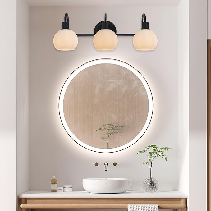 3-Light Bathroom Vanity Light Fixtures, Black Wall Sconce with Milk White Globe Glass Shade, Vanity Lighting E26 Socket for Mirror Kitchen Living Room Hallway
