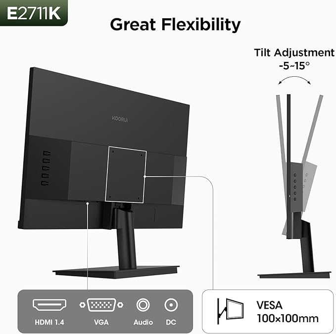 KOORUI 27 Inch Gaming Office Monitor 144Hz IPS Display, FHD 1080P with FreeSync, Eye Care TÜV Rheinland Certified with Slim Bezels, HDMI VGA Ports, Ergonomic Tilt, VESA Mount, Black