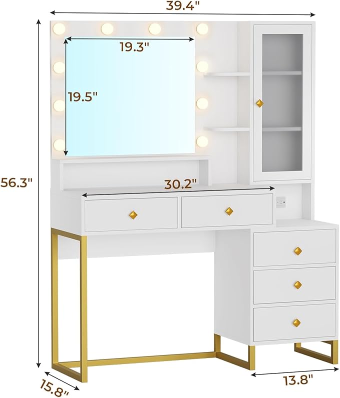 Tiptiper Large Makeup Vanity with Lights, Vanity Table with Charging Station Vanity Desk with Mirror and 10 LED Light Bulbs, Makeup Table with 5 Drawers, Nightstand and Storage Shelves, White & Gold