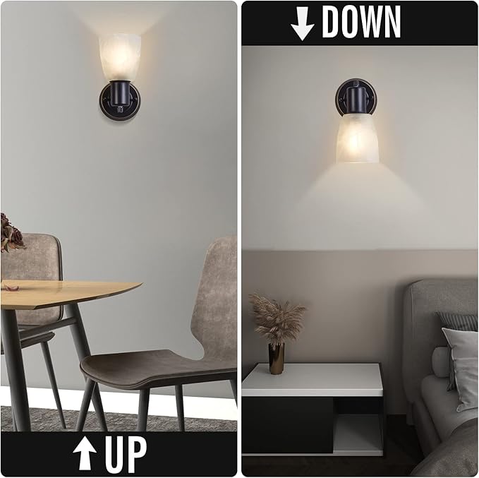 Wall Sconces Set of 2, Matte Black Vanity Lights for Bathroom, Modern Wall Light Fixtures with Rotary Switch, Wall Mount Light with Frosted Glass, Farmhouse Wall Lamp for Bedroom Mirror Living Room