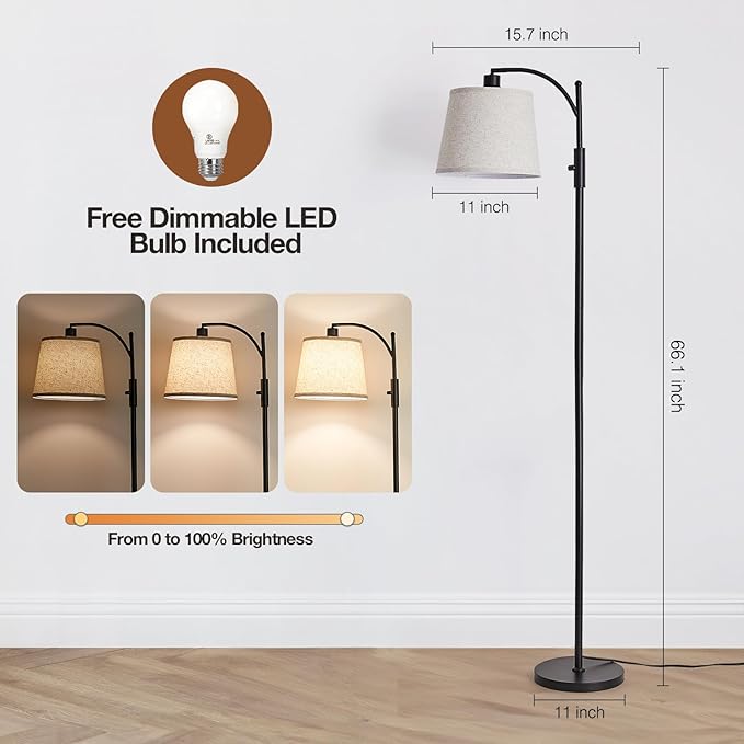 AIDENOEY Fully Dimmable Floor Lamp for Living Room，Standing Lamp Rotary Switch with Linen Beige Shade，Black Tall Lamps for Bedroom with Adjust Head，9W LED Bulb Included